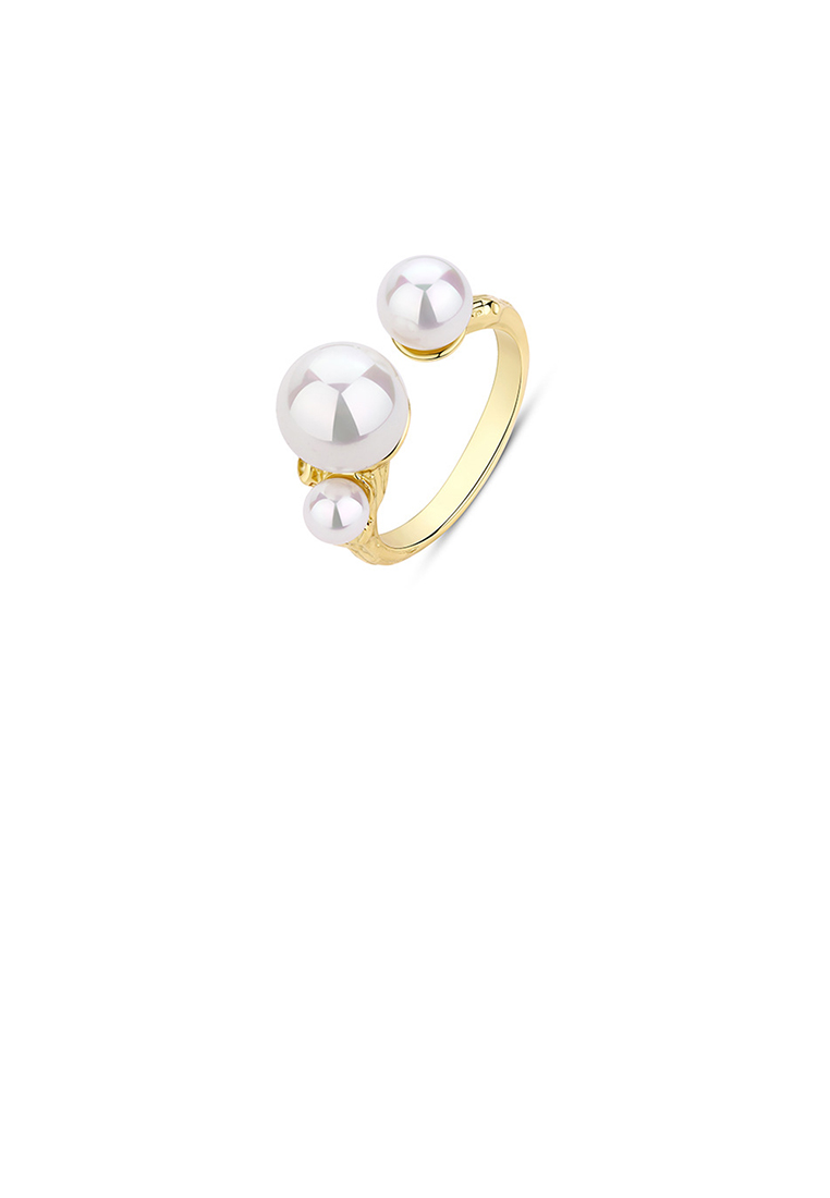 SOEOES 925純銀鍍金簡約個性幾何仿珍珠可調式開口戒指