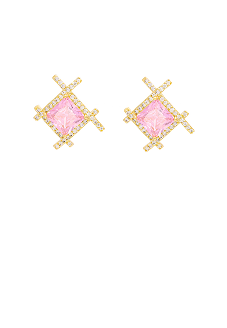 SOEOES 時尚簡約鍍金幾何菱形粉紅方晶鋯石耳環