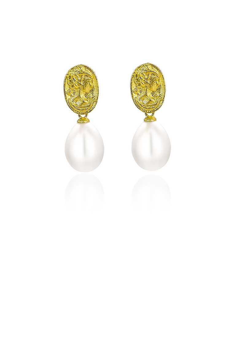 SOEOES 925 純銀鍍金時尚復古美麗圖案幾何淡水珍珠耳環