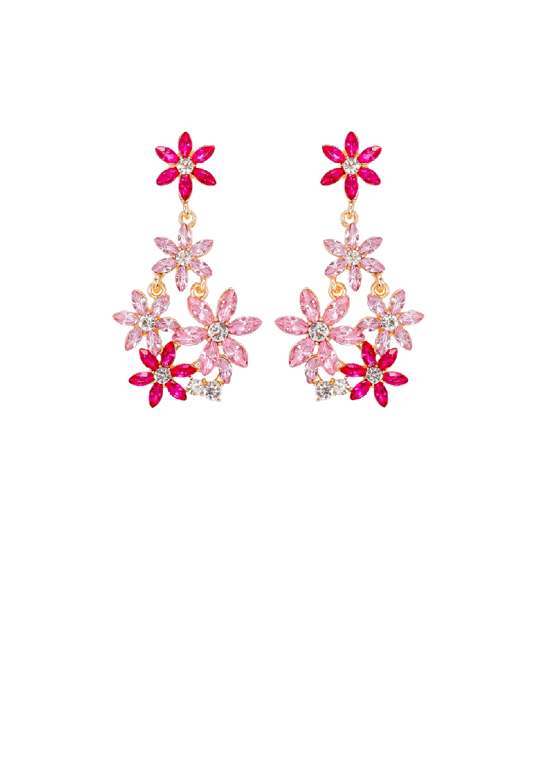 SOEOES 時尚優雅粉紅方晶鋯石鍍金花朵流蘇耳環