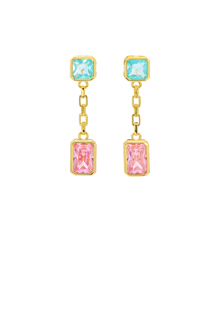 SOEOES 時尚簡約鍍金幾何方形流蘇耳環搭配粉紅色方晶鋯石