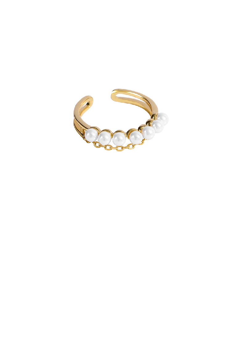 SOEOES 925純銀鍍金簡約時尚線條幾何仿珍珠可調式開口戒指