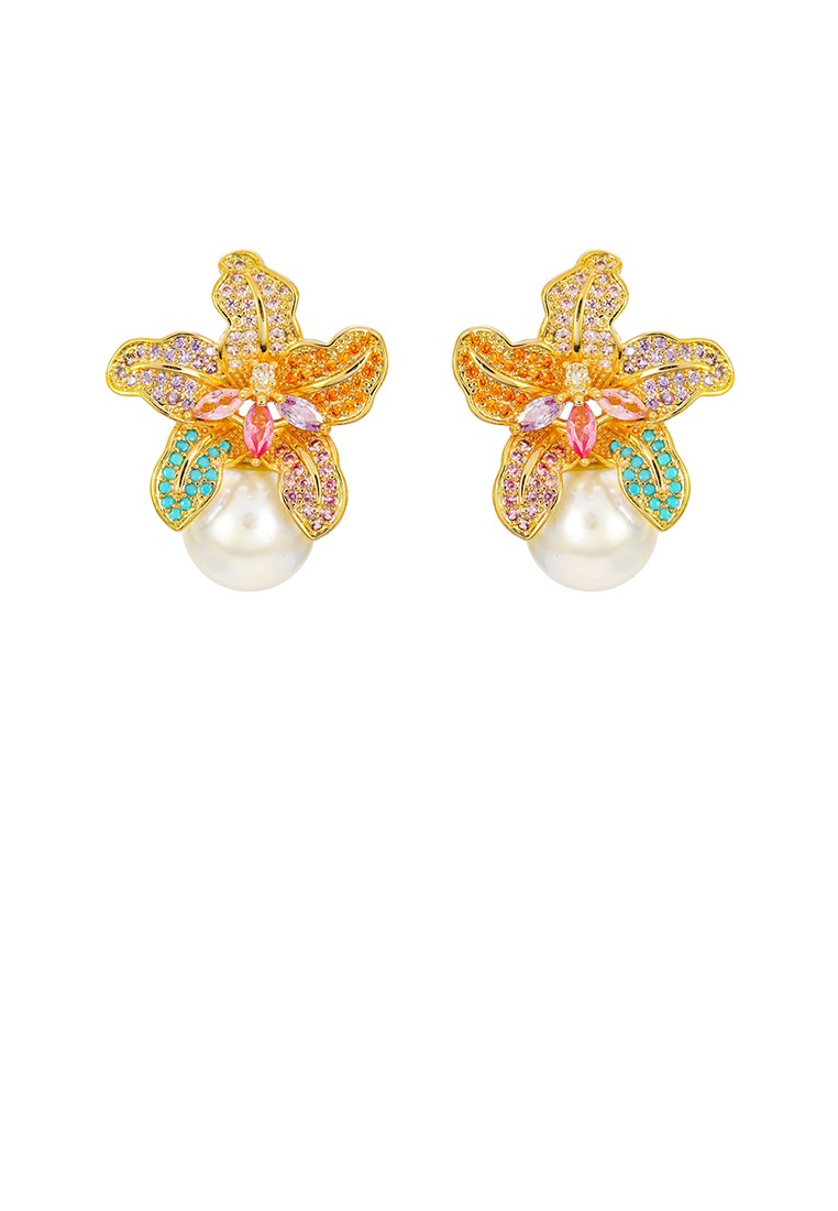 SOEOES 時尚優雅彩色方晶鋯石鍍金花仿珍珠耳環