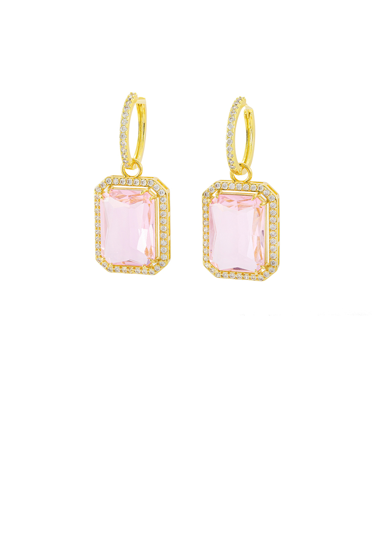 SOEOES 時尚氣質粉紅方晶鋯石鍍金幾何方形耳環