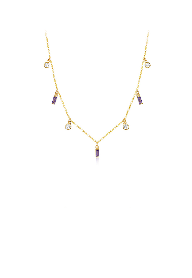 SOEOES 925純銀鍍金簡約時尚幾何方圓形項鍊搭配紫色方晶鋯石