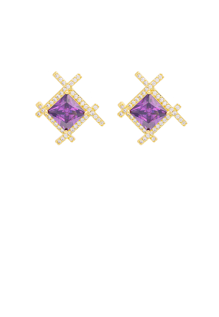 SOEOES 時尚簡約鍍金幾何菱形紫色方晶鋯石耳環