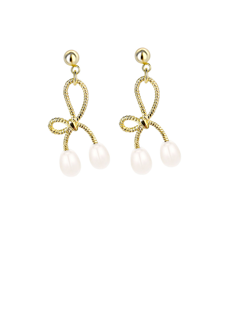 SOEOES 925 純銀鍍金簡約甜美緞帶淡水珍珠耳環