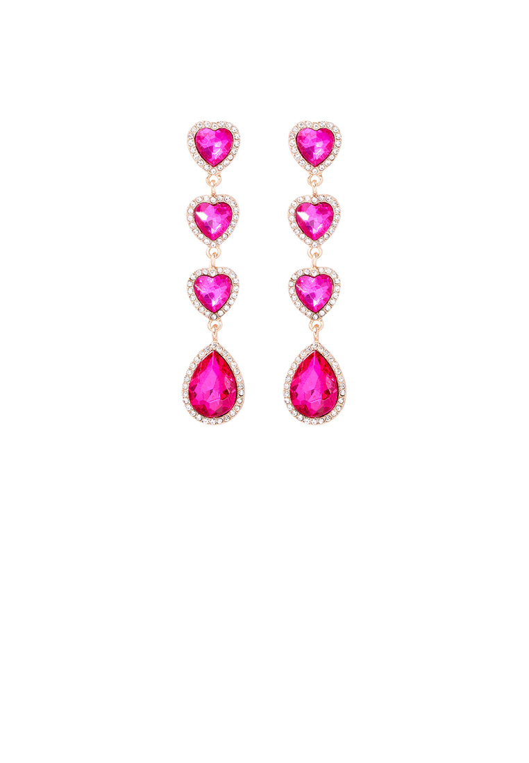 SOEOES 時尚簡約鍍金心型流蘇耳環搭配粉紅色方晶鋯石