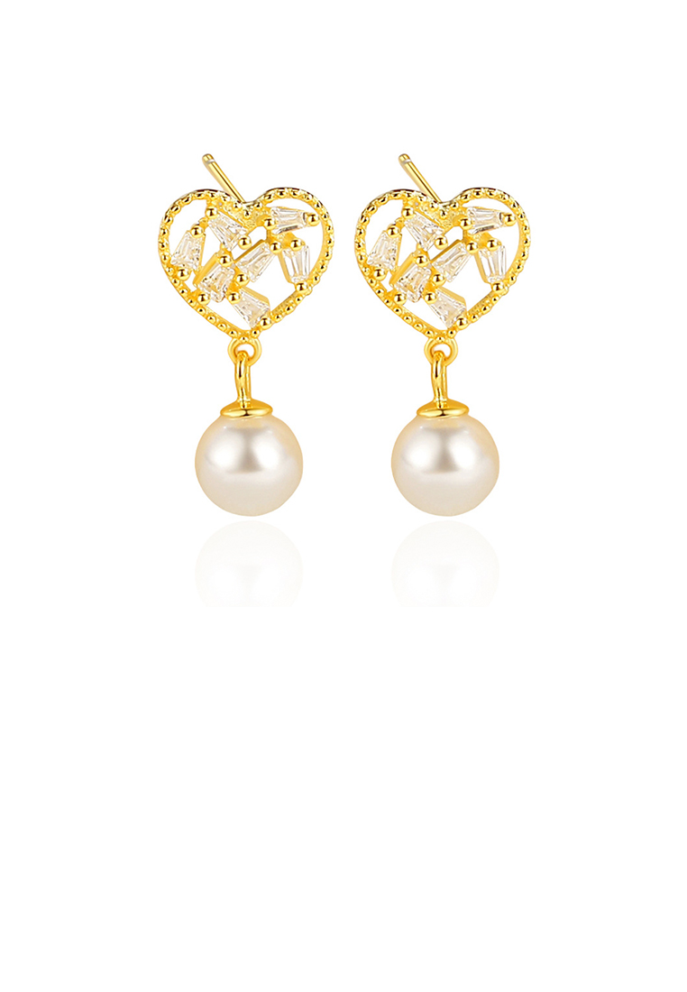 SOEOES 925 純銀鍍金時尚簡約心型仿珍珠耳環配方晶鋯石