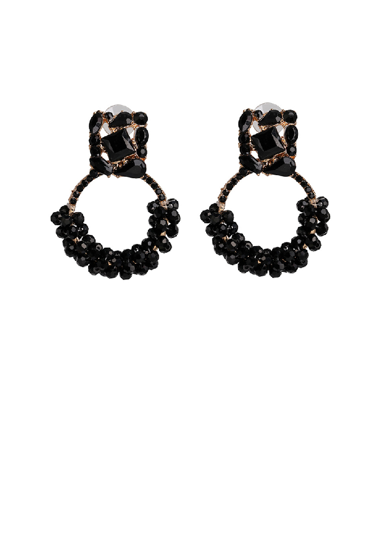 SOEOES 時尚氣質黑色方晶鋯石鍍金幾何圈形耳環