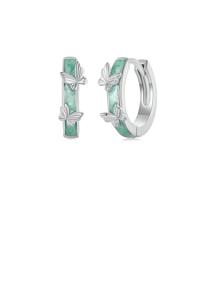 SOEOES 925純銀時尚簡約蝴蝶琺瑯綠色幾何圓耳環