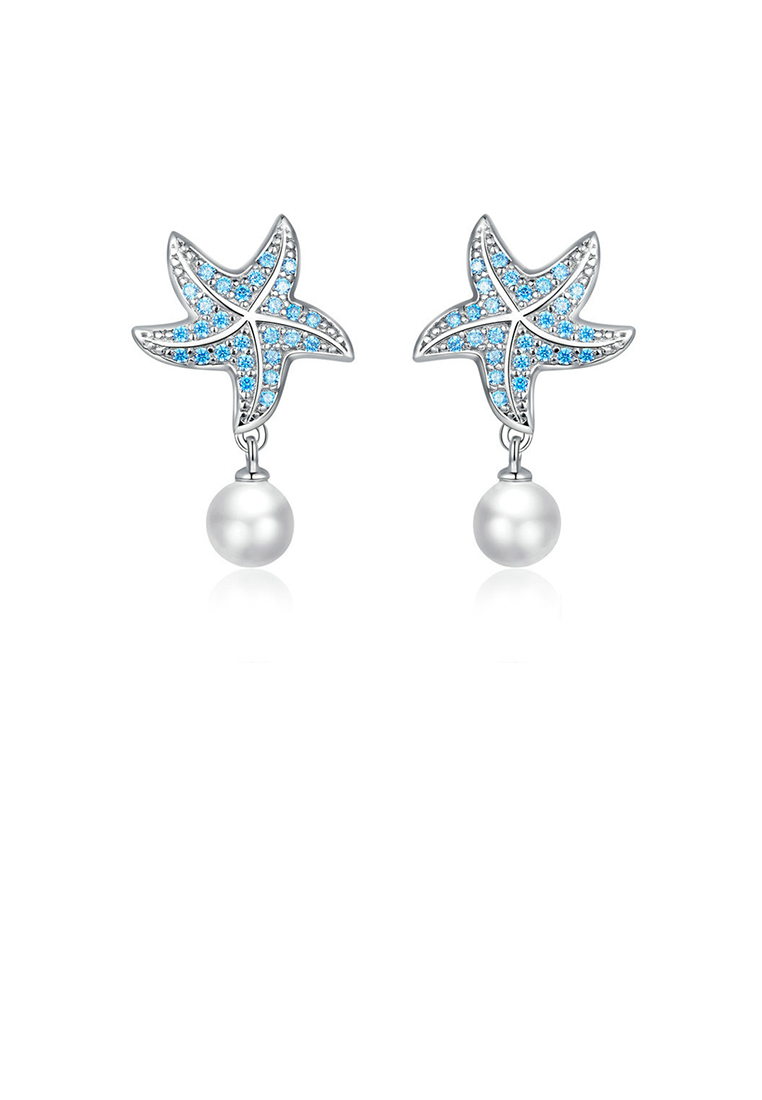 SOEOES 925 純銀時尚優雅海星仿珍珠耳環搭配藍色方晶鋯石