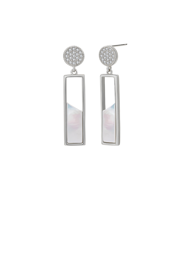 SOEOES 925純銀時尚氣質鏤空幾何長方形珍珠母方晶鋯石長耳環