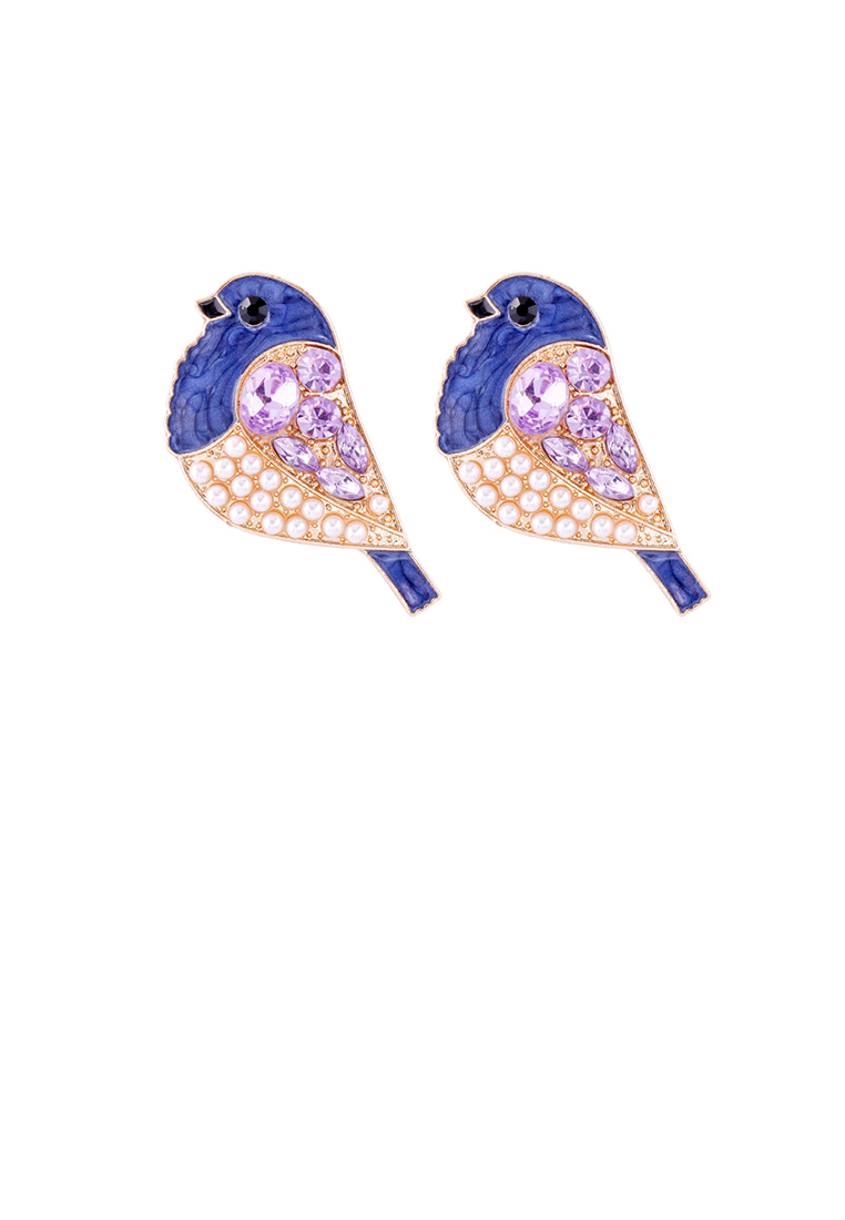 SOEOES 簡約可愛鍍金琺瑯紫鳥仿珍珠方晶鋯石耳環