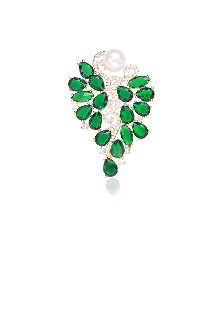 SOEOES 時尚優雅綠色方晶鋯石鍍金花卉仿珍珠胸針