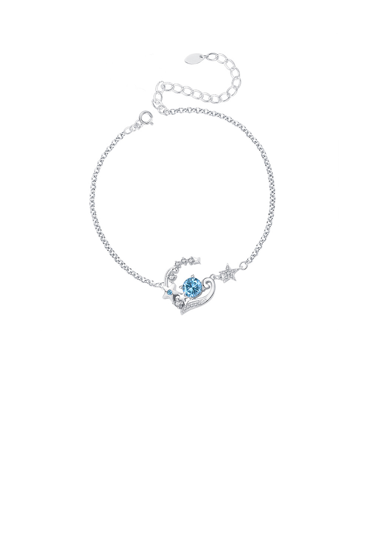 SOEOES 925 純銀時尚簡約星心手鍊搭配藍色方晶鋯石