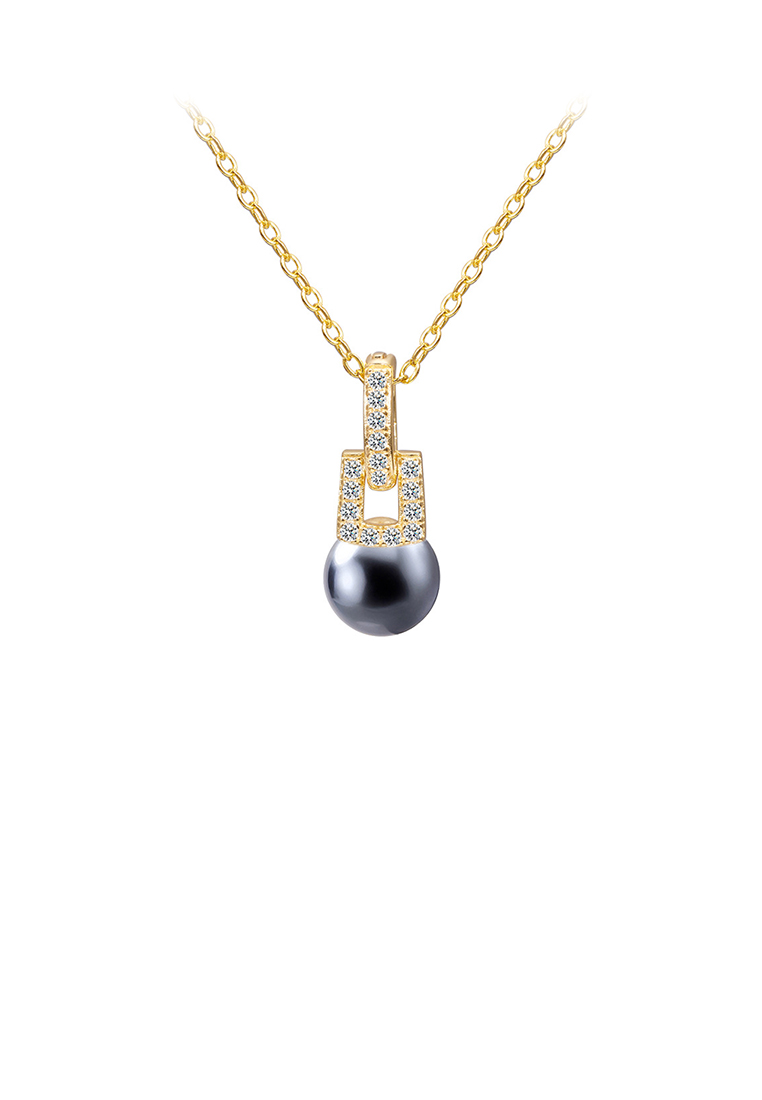 SOEOES 925 純銀鍍金時尚簡約幾何方形黑色仿珍珠吊墜配方晶鋯石與項鍊