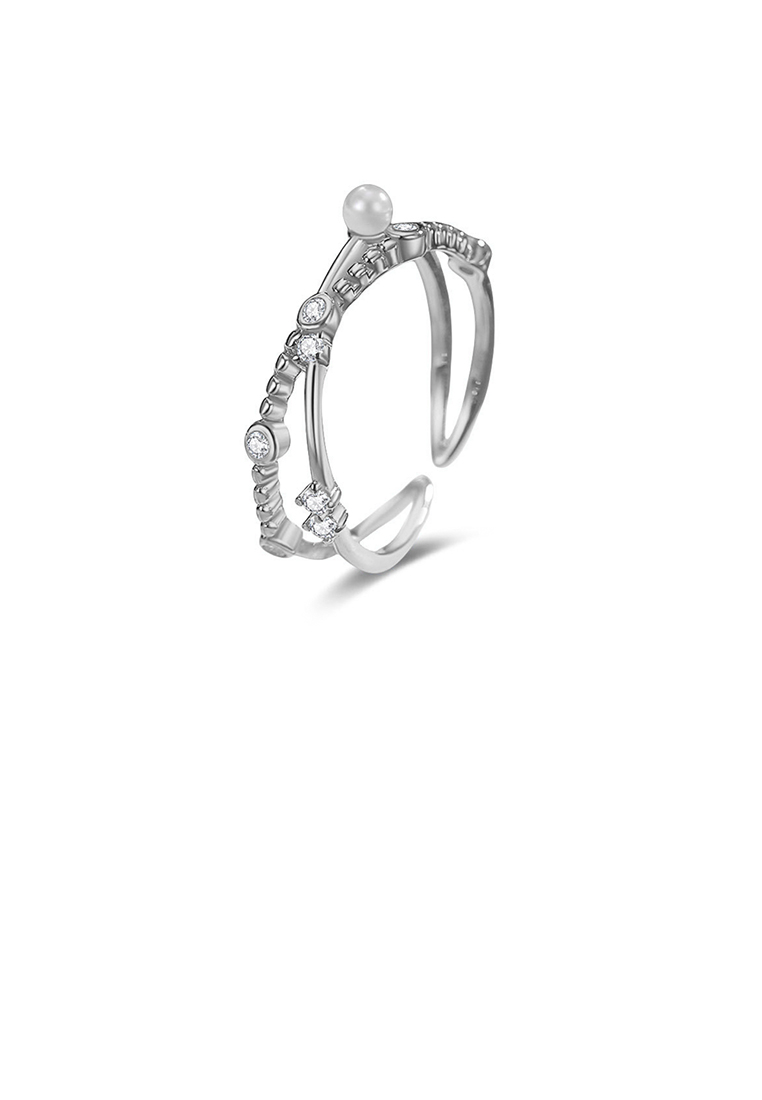SOEOES 925 純銀簡約個性十字線幾何仿珍珠可調式開口戒指配方晶鋯石