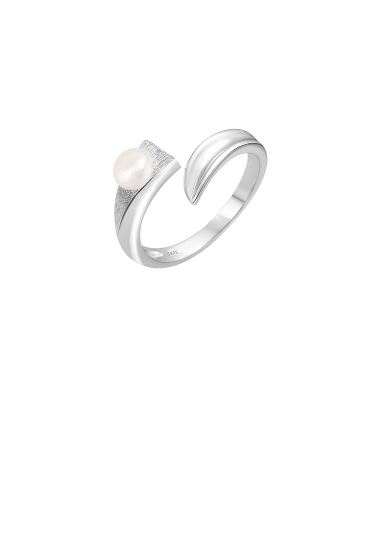 SOEOES 925純銀時尚簡約磨砂幾何淡水珍珠可調式開口戒指