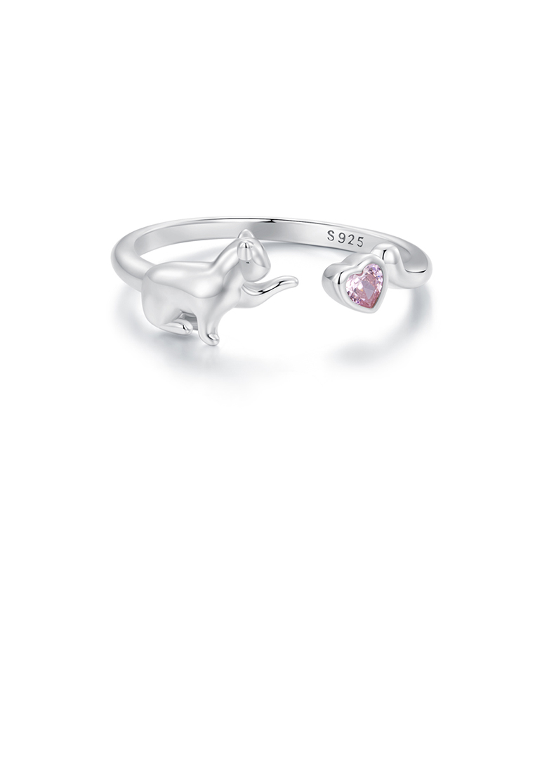 SOEOES 925 純銀可愛甜貓粉紅心型可調式開口戒指配方晶鋯石