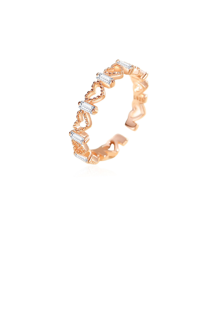 SOEOES 925 純銀鍍玫瑰金時尚簡約鏤空心形幾何可調式開口戒指配方晶鋯石