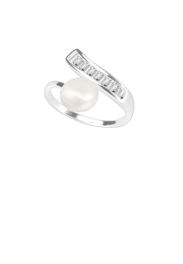 SOEOES 925 純銀時尚簡約幾何淡水珍珠可調式開口戒指配方晶鋯石