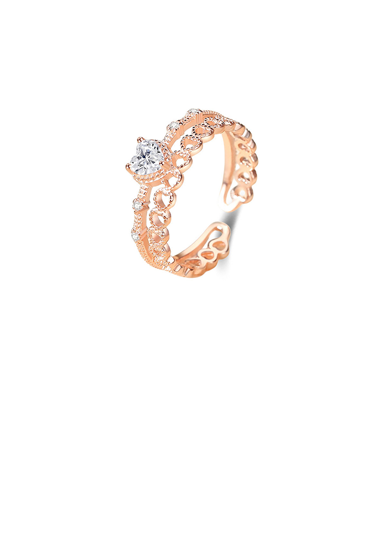SOEOES 925 純銀鍍玫瑰金時尚鏤空心形雙層可調式開口戒指配方晶鋯石