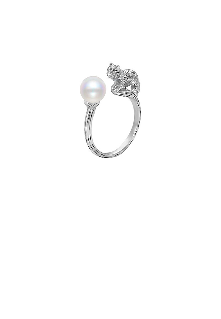 SOEOES 925 純銀簡約復古貓仿珍珠可調式開口戒指