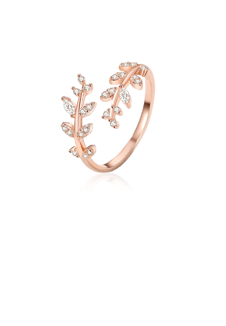 SOEOES 925 純銀鍍玫瑰金時尚簡約葉形可調式開口戒指配方晶鋯石