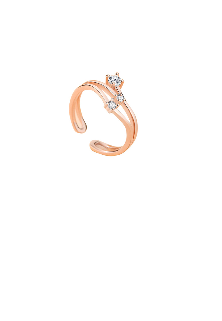 SOEOES 925純銀鍍玫瑰金時尚簡約雙層線條幾何可調式開口戒指配方晶鋯石