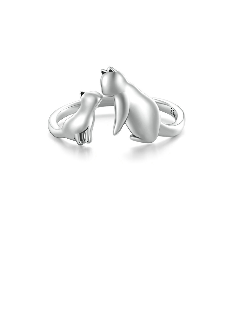 SOEOES 925純銀時尚可愛雙貓幾何可調式開口戒指