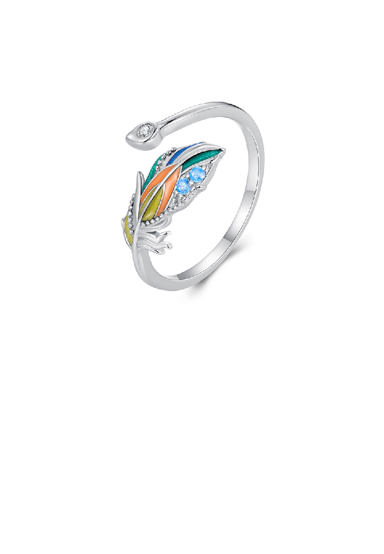 SOEOES 925純銀時尚氣質琺瑯七彩羽毛可調整開口戒指配方晶鋯石