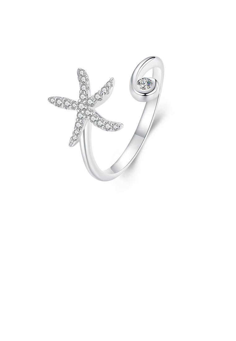SOEOES 925 純銀時尚簡約海星可調式開口戒指配方晶鋯石