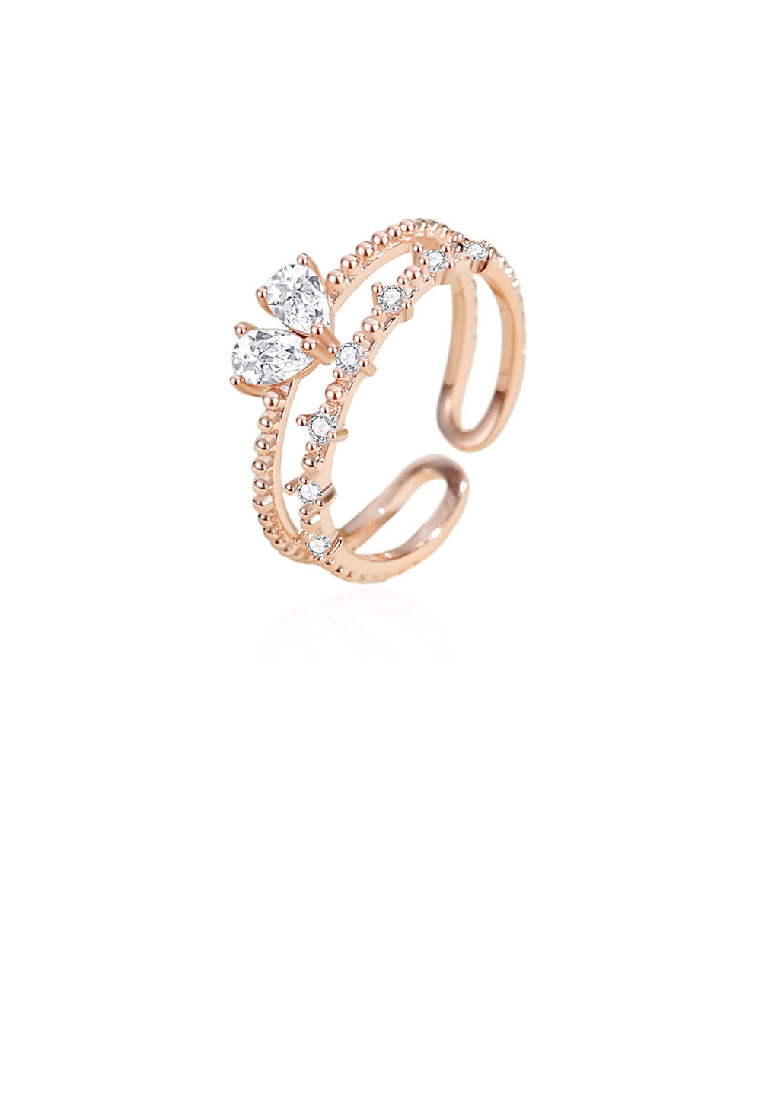 SOEOES 925 純銀鍍玫瑰金時尚簡約心型雙層幾何可調式開口戒指配方晶鋯石
