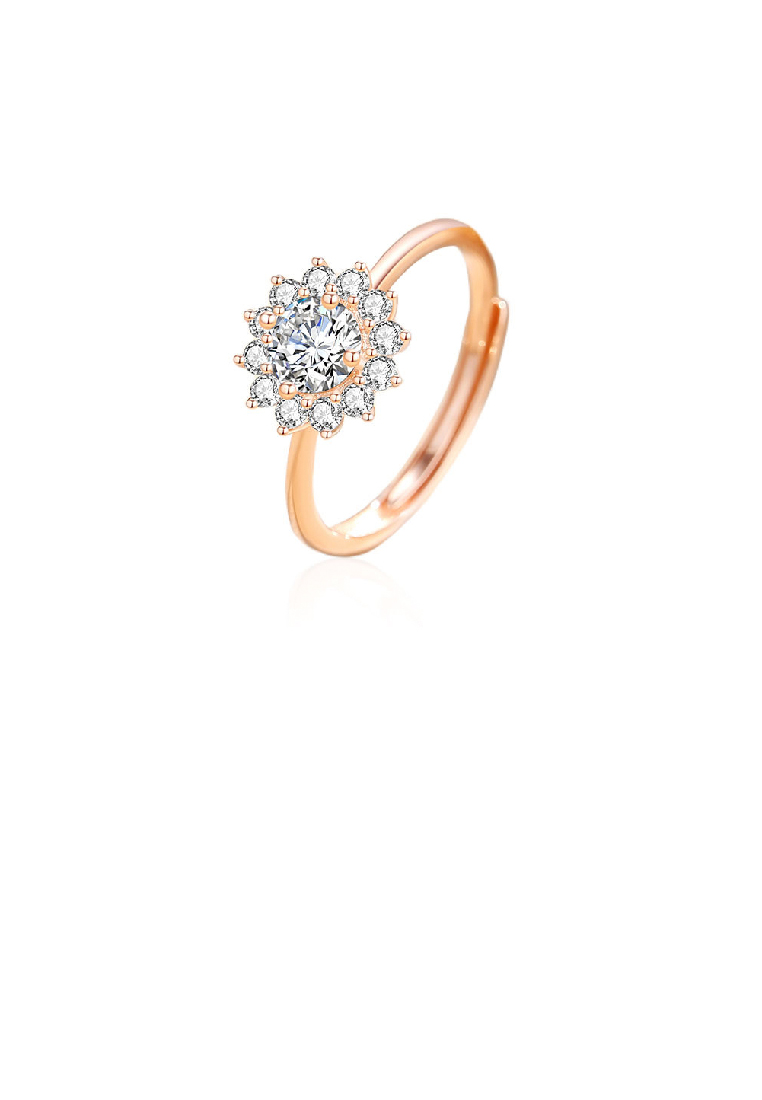 SOEOES 925 純銀鍍玫瑰金時尚璀璨花朵可調式戒指配方晶鋯石
