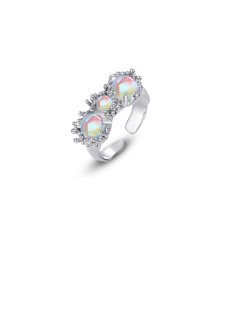SOEOES 925純銀時尚氣質不規則幾何炫彩仿月光石可調式開口戒指