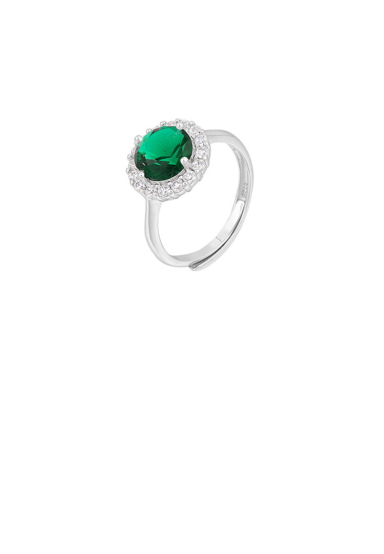 SOEOES 925 純銀優雅明亮幾何圓形可調戒指配綠色方晶鋯石