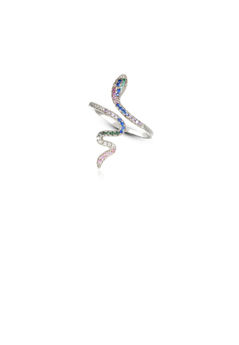 SOEOES 925 純銀時尚個性蛇形幾何可調式開口戒指帶彩色方晶鋯石