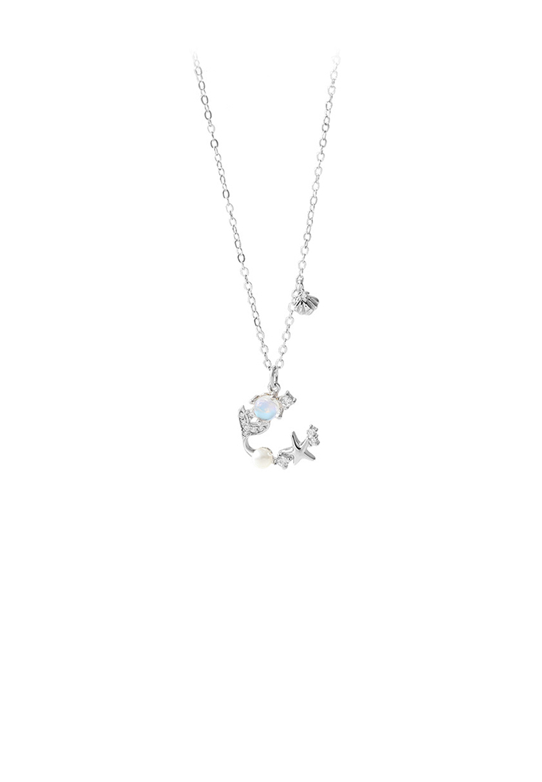 SOEOES 925 純銀時尚創意魚尾星仿珍珠吊墜配方晶鋯石與項鍊