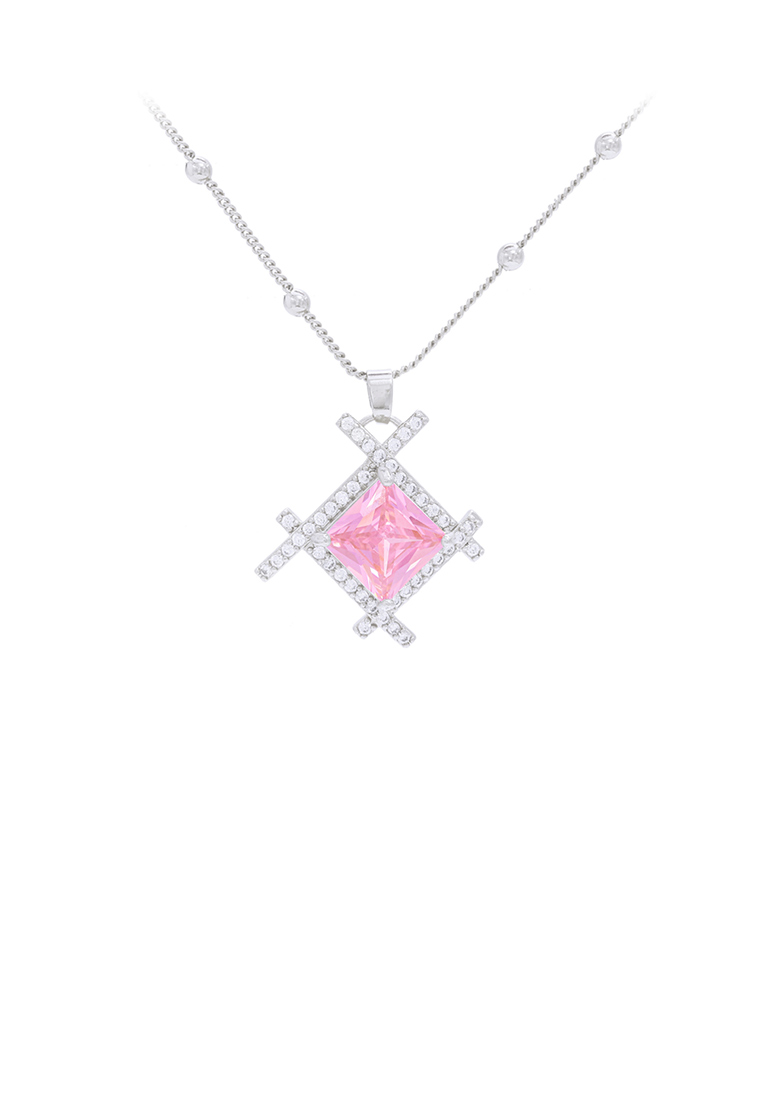 SOEOES 時尚簡約幾何菱形吊墜搭配粉紅色方晶鋯石和項鍊