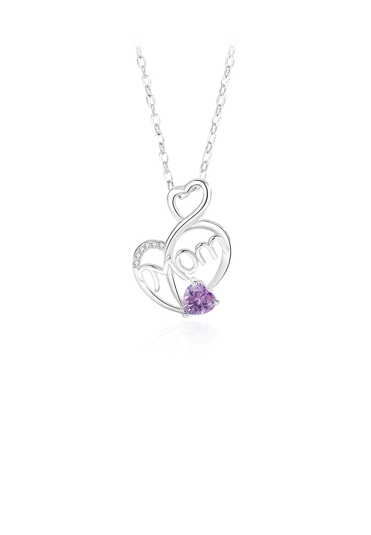 SOEOES 925 純銀時尚簡約媽媽雙心吊墜搭配紫色方晶鋯石與項鍊