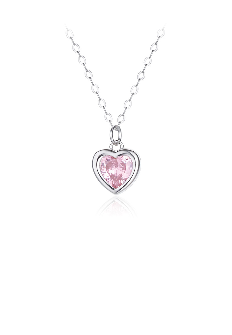 SOEOES 925 純銀簡約甜美心型吊墜搭配粉紅色方晶鋯石與項鍊