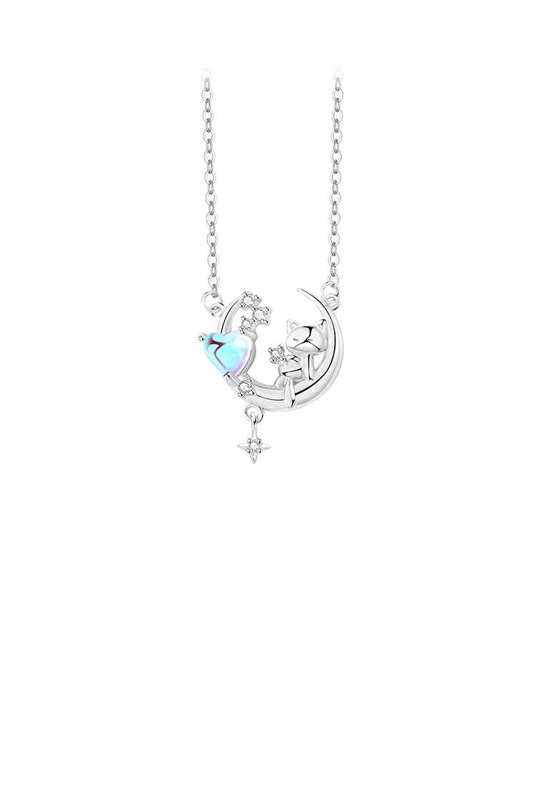 SOEOES 925 純銀時尚可愛貓月亮月光石吊墜配方晶鋯石和項鍊