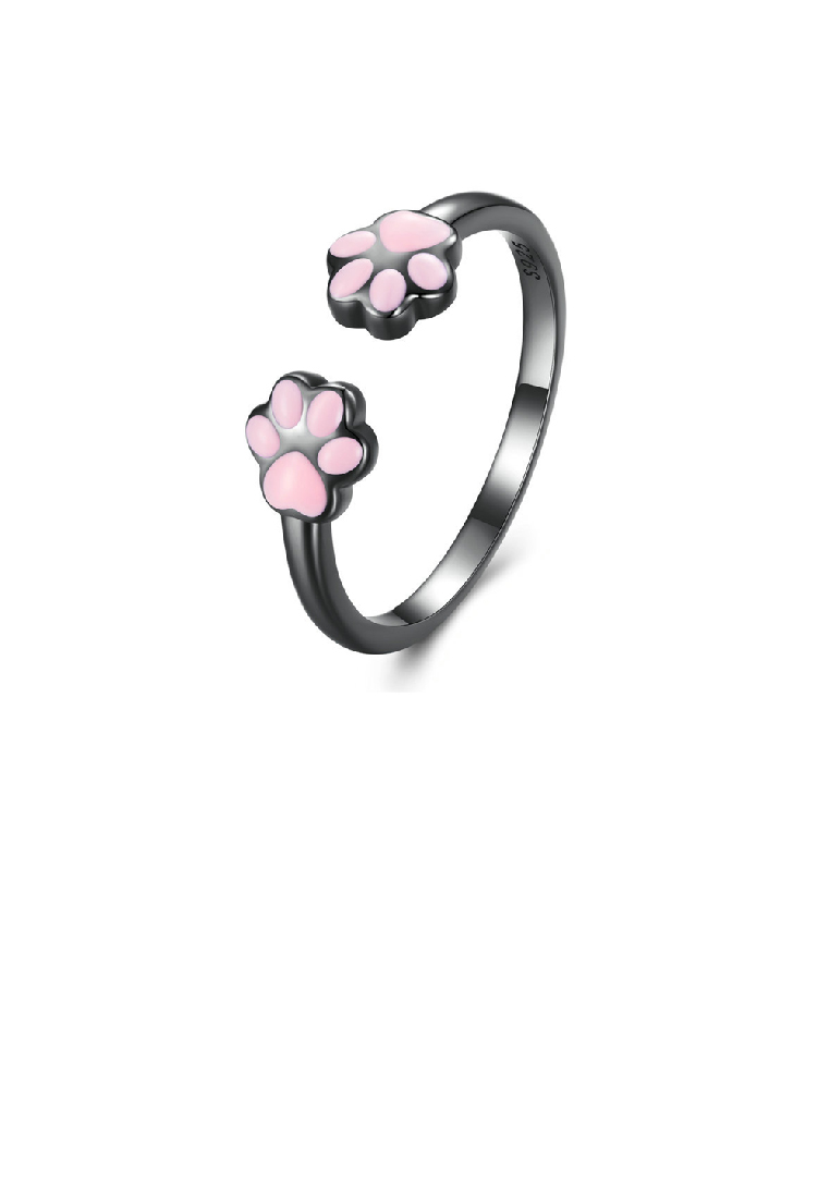 SOEOES 925 純銀鍍黑色可愛甜粉色貓爪幾何可調式開口戒指