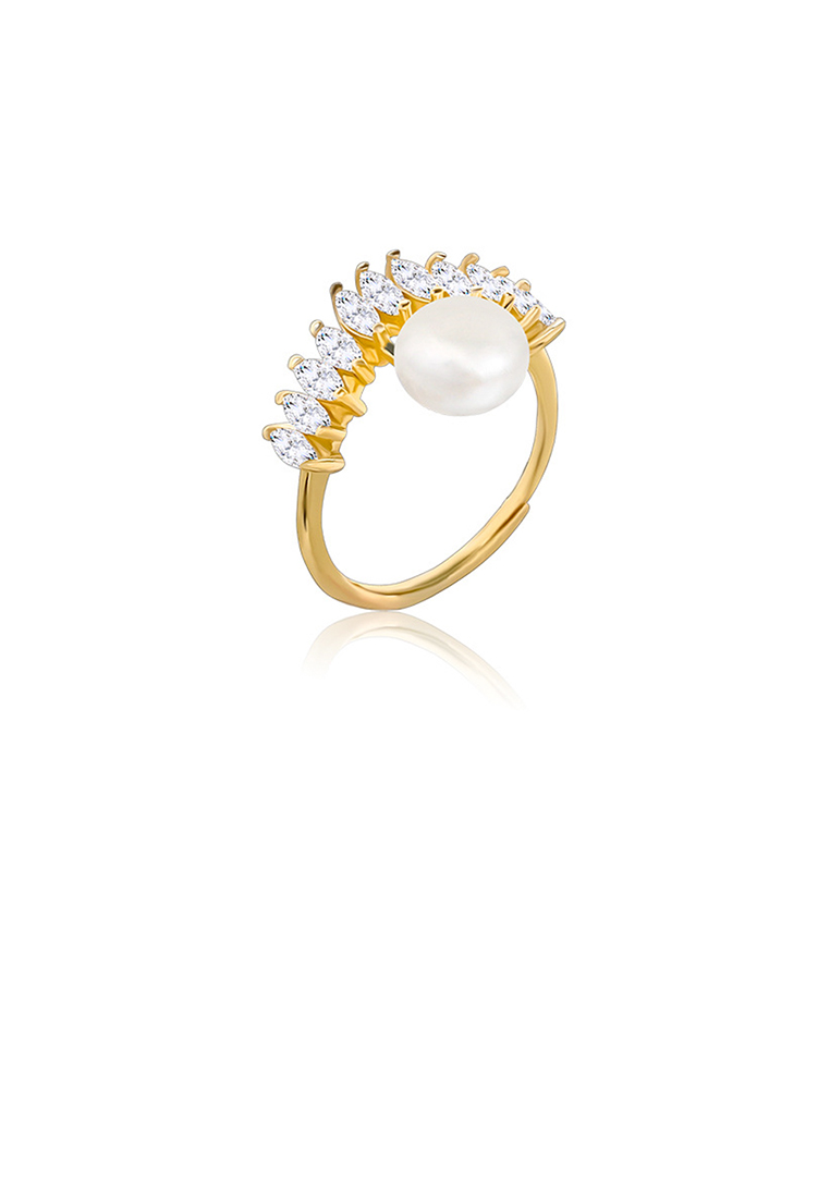SOEOES 925 純銀鍍金簡約個性幾何淡水珍珠可調式戒指配方晶鋯石
