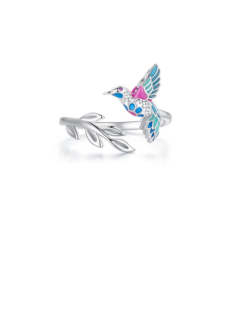 SOEOES 925純銀時尚氣質琺瑯翠鳥可調式開口戒指配方晶鋯石