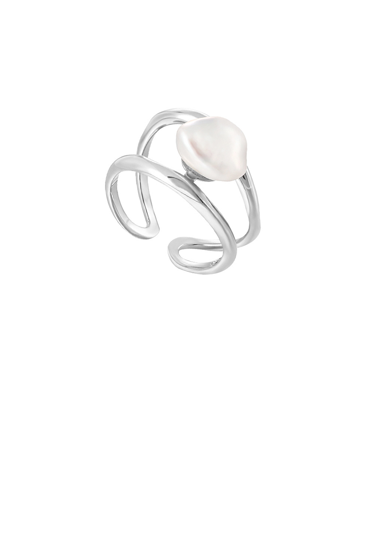 SOEOES 925純銀時尚不規則淡水珍珠多層幾何可調式開口戒指