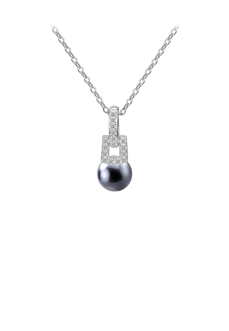 SOEOES 925 純銀時尚簡約幾何方形黑色仿珍珠吊墜配方晶鋯石與項鍊