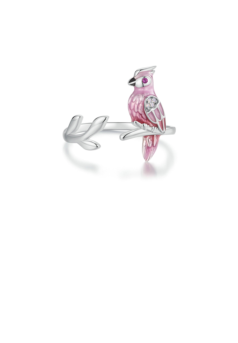 SOEOES 925 純銀時尚簡約琺瑯粉紅鸚鵡可調整開口戒指配方晶鋯石