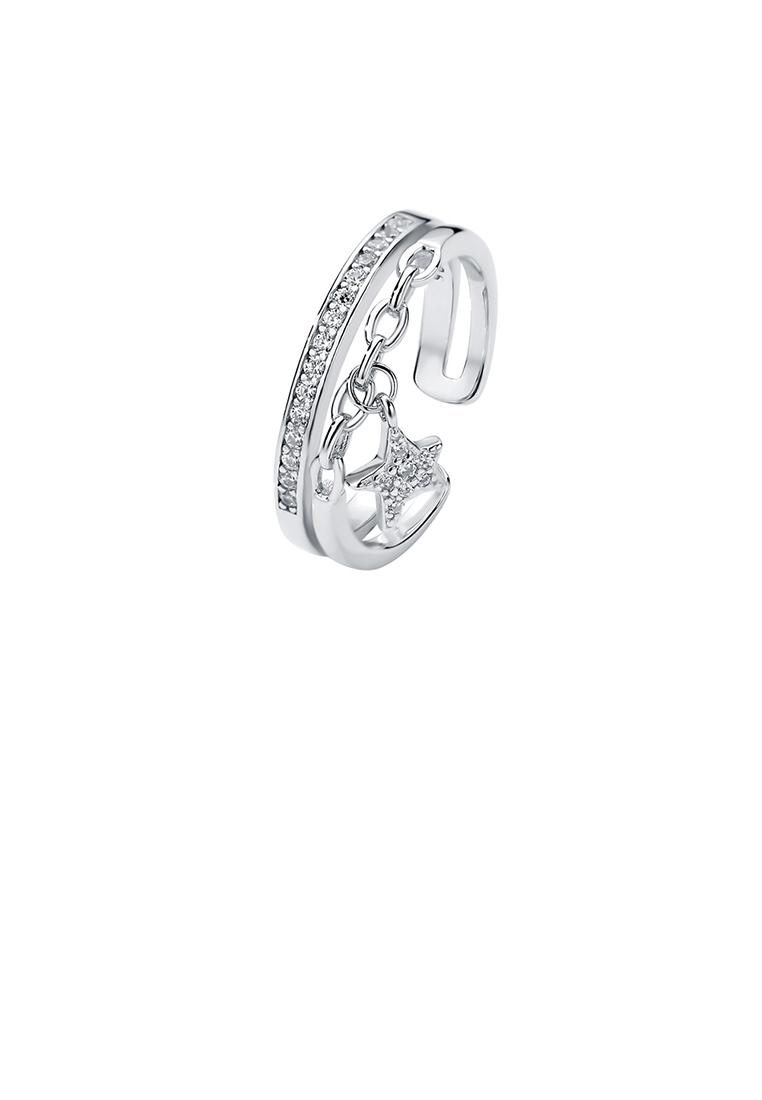 SOEOES 925 純銀時尚簡約星星流蘇雙層可調式開環戒指配方晶鋯石